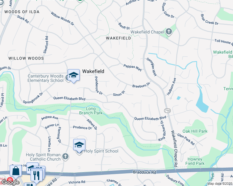 map of restaurants, bars, coffee shops, grocery stores, and more near 8606 Sinon Street in Annandale