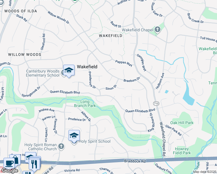 map of restaurants, bars, coffee shops, grocery stores, and more near 8606 Sinon Street in Annandale