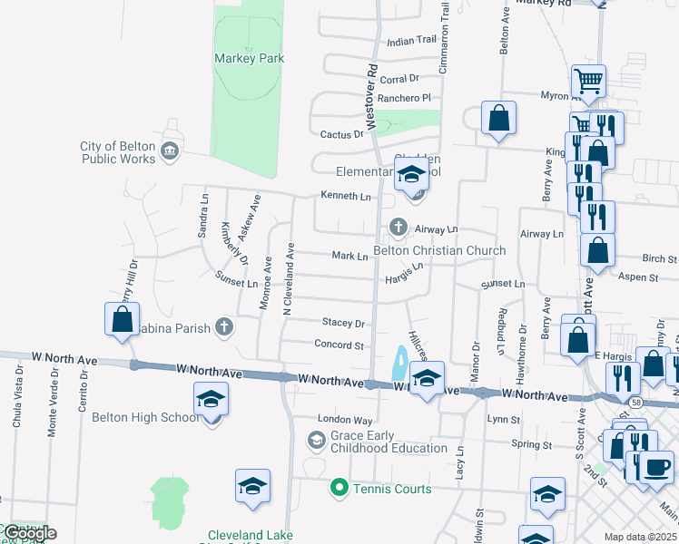 map of restaurants, bars, coffee shops, grocery stores, and more near 519 Mark Lane in Belton