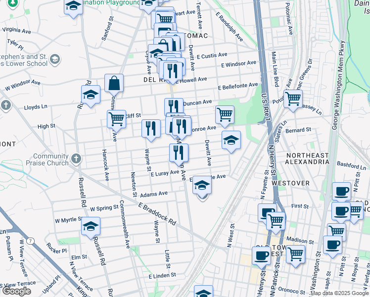 map of restaurants, bars, coffee shops, grocery stores, and more near 403 East Nelson Avenue in Alexandria