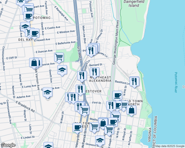 map of restaurants, bars, coffee shops, grocery stores, and more near 1337 Powhatan Street in Alexandria