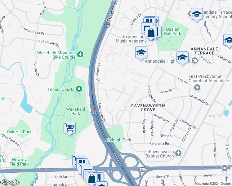 map of restaurants, bars, coffee shops, grocery stores, and more near 4925 Americana Drive in Annandale