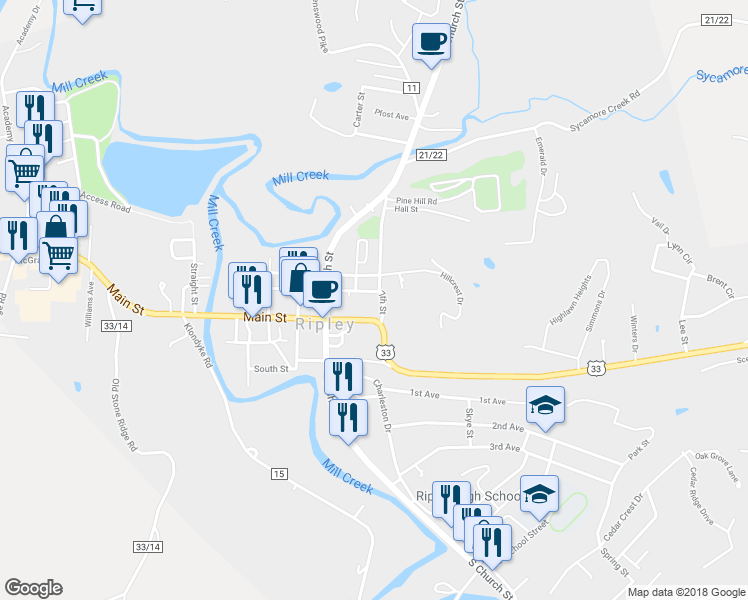 map of restaurants, bars, coffee shops, grocery stores, and more near 121 North Street E in Ripley