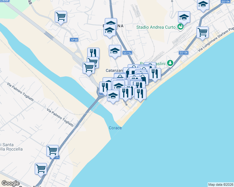 map of restaurants, bars, coffee shops, grocery stores, and more near 2 Via Corace in Catanzaro