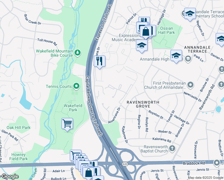 map of restaurants, bars, coffee shops, grocery stores, and more near 4929 Americana Drive in Annandale