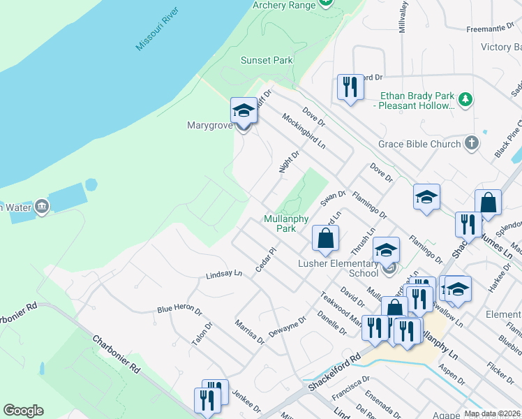 map of restaurants, bars, coffee shops, grocery stores, and more near 1220 Night Drive in Florissant
