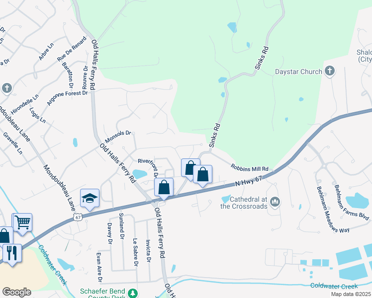 map of restaurants, bars, coffee shops, grocery stores, and more near 14320 River Oaks Court in Florissant