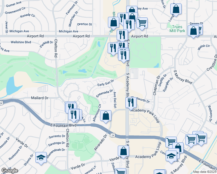 map of restaurants, bars, coffee shops, grocery stores, and more near 3700 Early Sun Drive in Colorado Springs