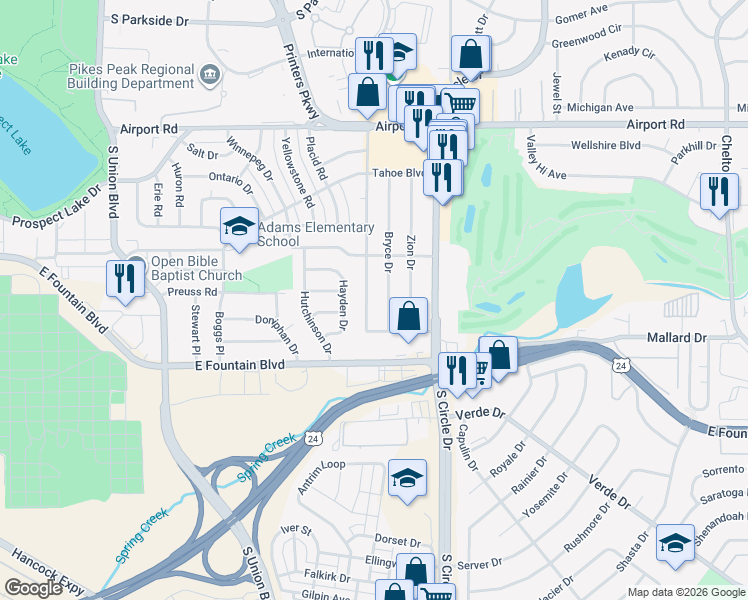 map of restaurants, bars, coffee shops, grocery stores, and more near 819 Bryce Drive in Colorado Springs