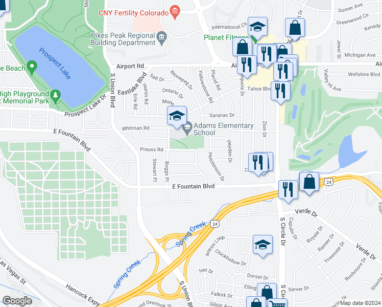 map of restaurants, bars, coffee shops, grocery stores, and more near 851 Boggs Place in Colorado Springs