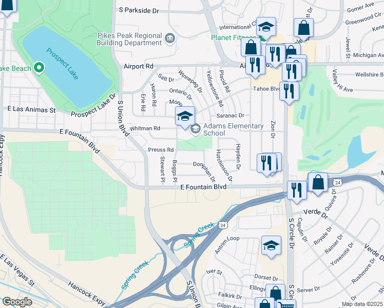 map of restaurants, bars, coffee shops, grocery stores, and more near 851 Boggs Place in Colorado Springs