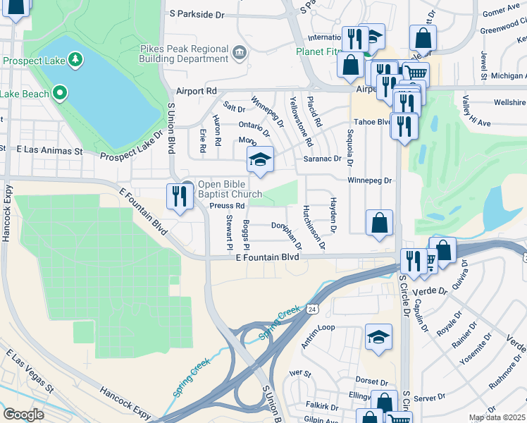 map of restaurants, bars, coffee shops, grocery stores, and more near 851 Boggs Place in Colorado Springs