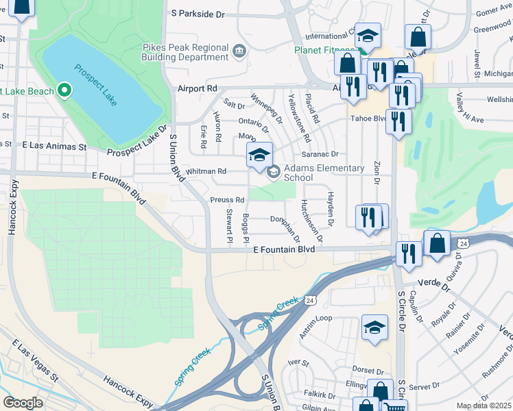 map of restaurants, bars, coffee shops, grocery stores, and more near 851 Boggs Place in Colorado Springs