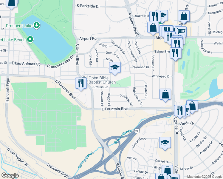 map of restaurants, bars, coffee shops, grocery stores, and more near 2014 Preuss Road in Colorado Springs