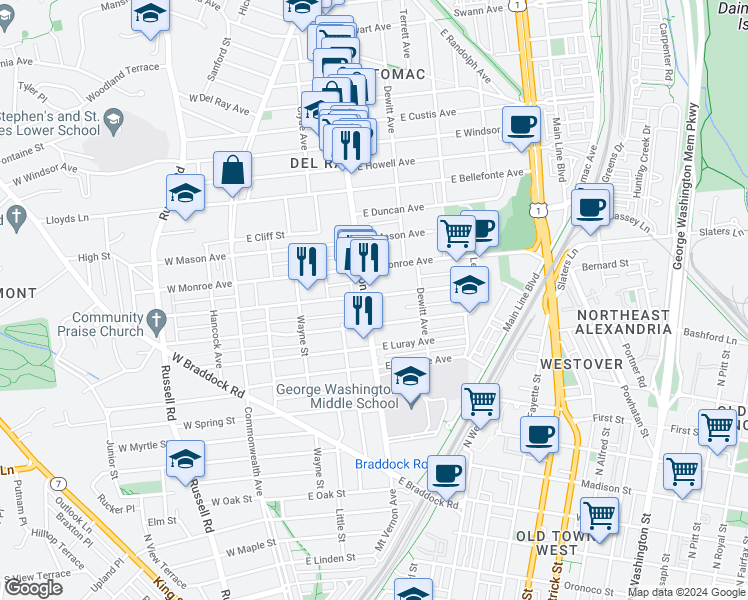 map of restaurants, bars, coffee shops, grocery stores, and more near 403 East Nelson Avenue in Alexandria