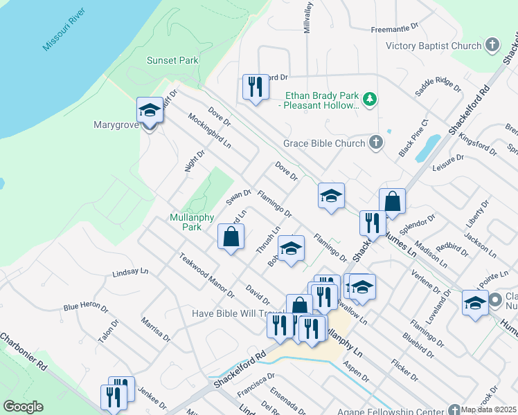 map of restaurants, bars, coffee shops, grocery stores, and more near 2345 Pheasant Drive in Florissant