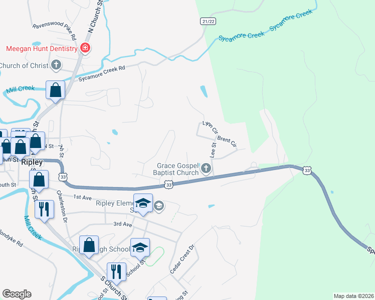 map of restaurants, bars, coffee shops, grocery stores, and more near 116 Winters Dr in Ripley