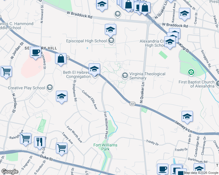 map of restaurants, bars, coffee shops, grocery stores, and more near 3720 Seminary Road in Alexandria