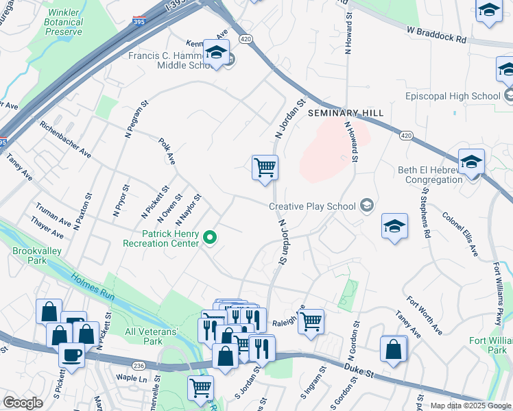 map of restaurants, bars, coffee shops, grocery stores, and more near 4516 Peacock Avenue in Alexandria