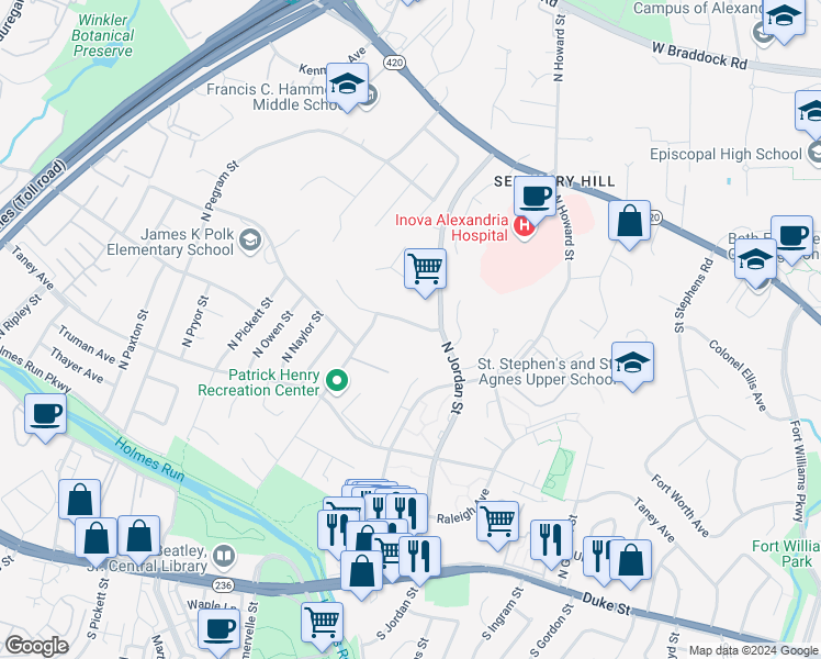 map of restaurants, bars, coffee shops, grocery stores, and more near 4516 Peacock Avenue in Alexandria