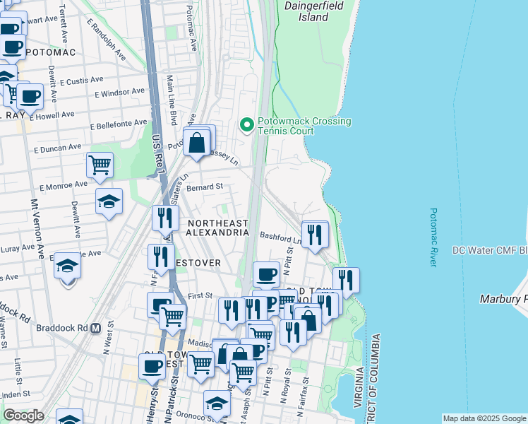 map of restaurants, bars, coffee shops, grocery stores, and more near 1405 East Abingdon Drive in Alexandria