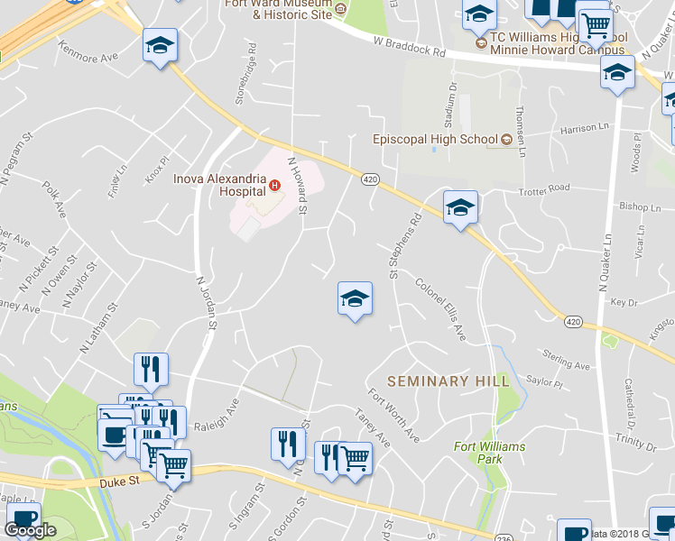 map of restaurants, bars, coffee shops, grocery stores, and more near 1105 North Gaillard Street in Alexandria