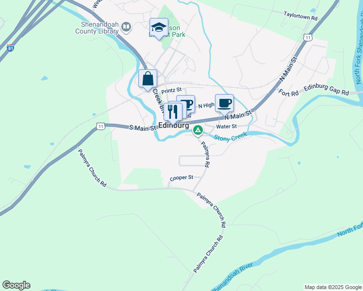 map of restaurants, bars, coffee shops, grocery stores, and more near 110 Palmyra Road in Edinburg