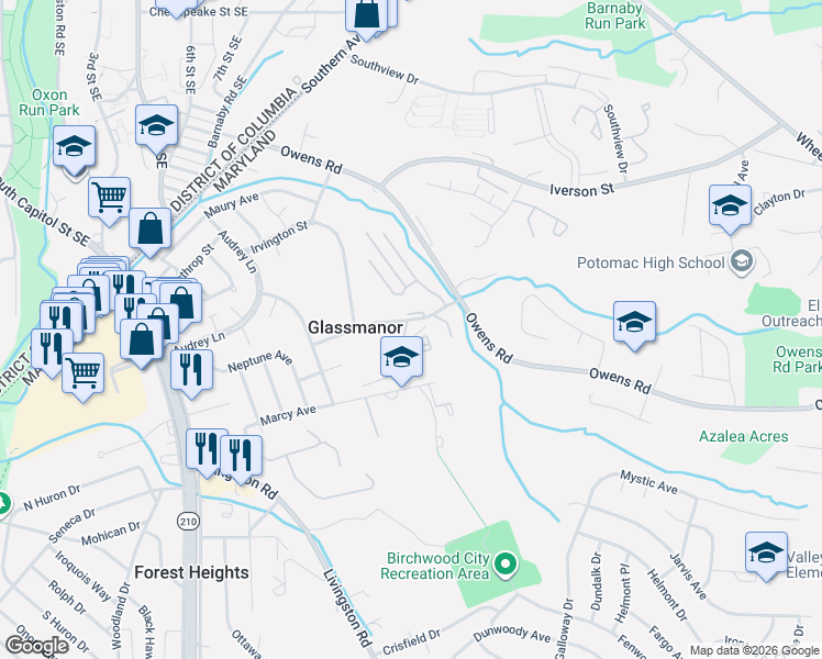 map of restaurants, bars, coffee shops, grocery stores, and more near 1101 Kennebec Street in Oxon Hill