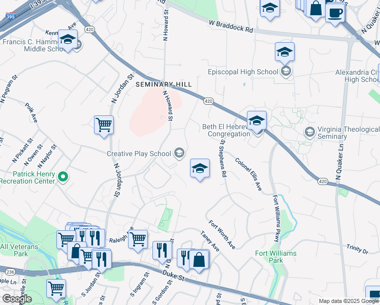 map of restaurants, bars, coffee shops, grocery stores, and more near 1105 North Gaillard Street in Alexandria