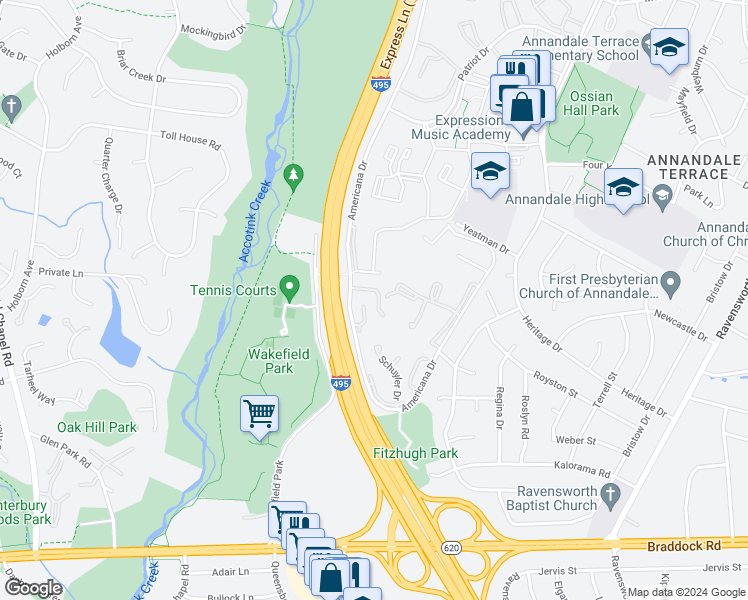map of restaurants, bars, coffee shops, grocery stores, and more near 4920 Herkimer Street in Annandale