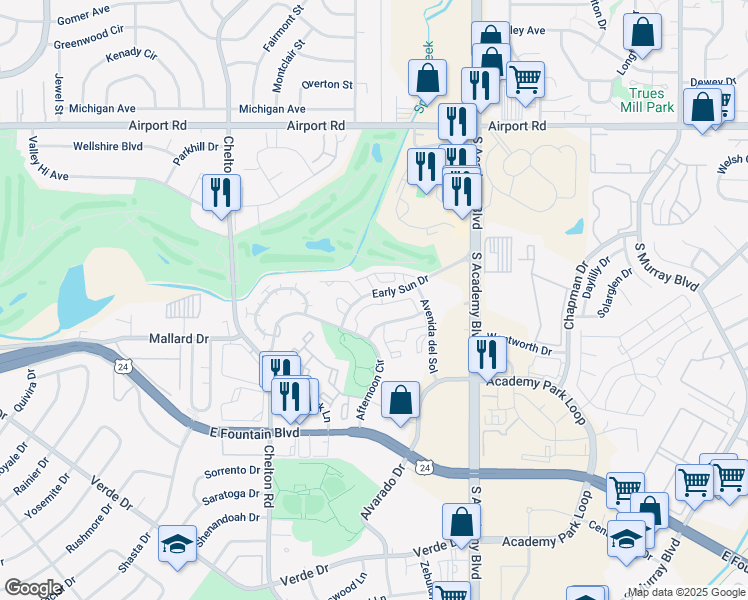 map of restaurants, bars, coffee shops, grocery stores, and more near 3672 Venice Grove in Colorado Springs