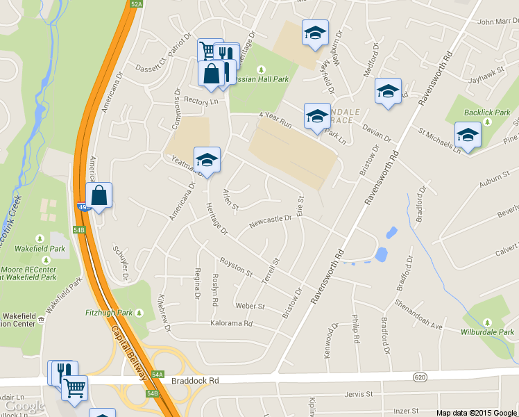 map of restaurants, bars, coffee shops, grocery stores, and more near 7705 Arlen Street in Annandale