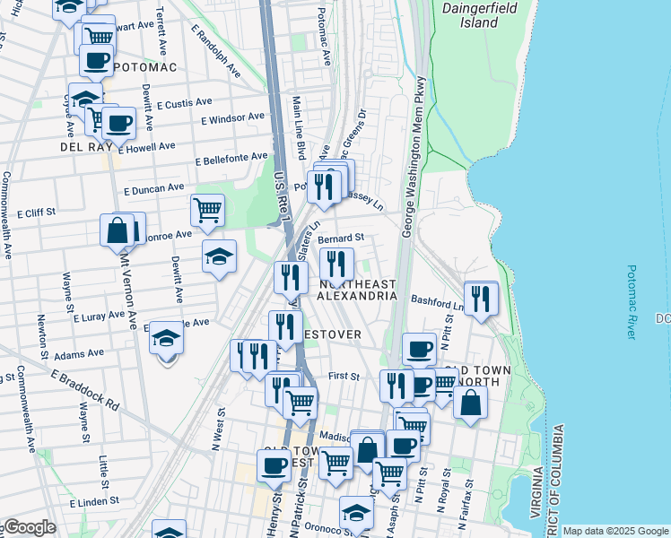 map of restaurants, bars, coffee shops, grocery stores, and more near 1359 Powhatan Street in Alexandria