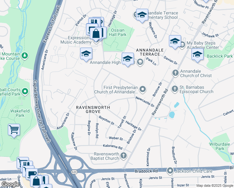 map of restaurants, bars, coffee shops, grocery stores, and more near 7705 Arlen Street in Annandale