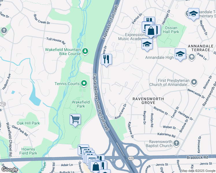 map of restaurants, bars, coffee shops, grocery stores, and more near 4920 Herkimer Street in Annandale