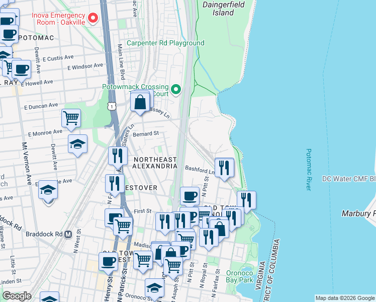 map of restaurants, bars, coffee shops, grocery stores, and more near 1411 East Abingdon Drive in Alexandria