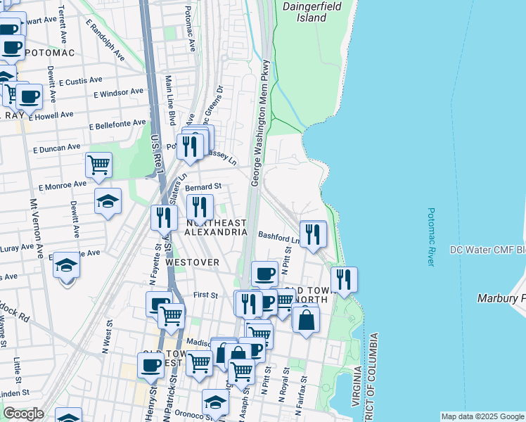 map of restaurants, bars, coffee shops, grocery stores, and more near 1409 East Abingdon Drive in Alexandria