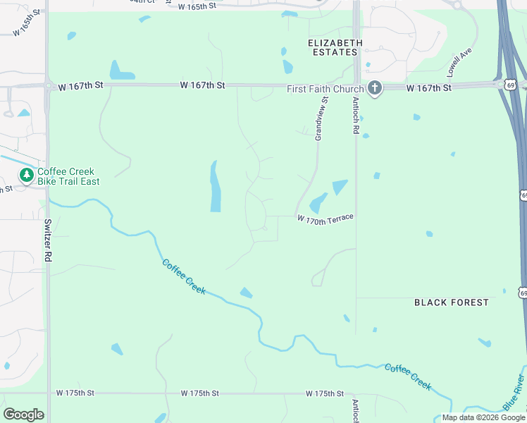 map of restaurants, bars, coffee shops, grocery stores, and more near 9375 West 170th Terrace in Stilwell