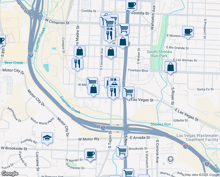map of restaurants, bars, coffee shops, grocery stores, and more near 30 East Mill Street in Colorado Springs