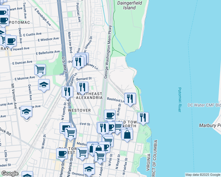 map of restaurants, bars, coffee shops, grocery stores, and more near 1409 East Abingdon Drive in Alexandria