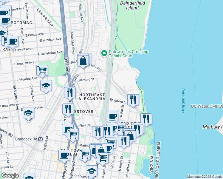 map of restaurants, bars, coffee shops, grocery stores, and more near 1413 East Abingdon Drive in Alexandria