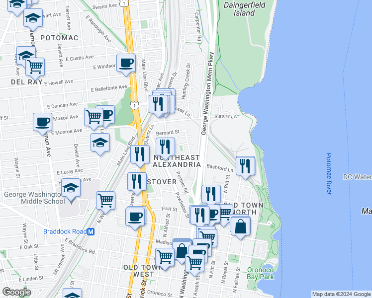 map of restaurants, bars, coffee shops, grocery stores, and more near 1322 Michigan Avenue in Alexandria