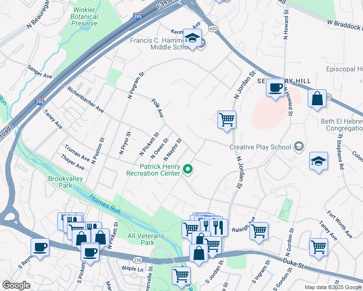map of restaurants, bars, coffee shops, grocery stores, and more near 703 North Naylor Street in Alexandria