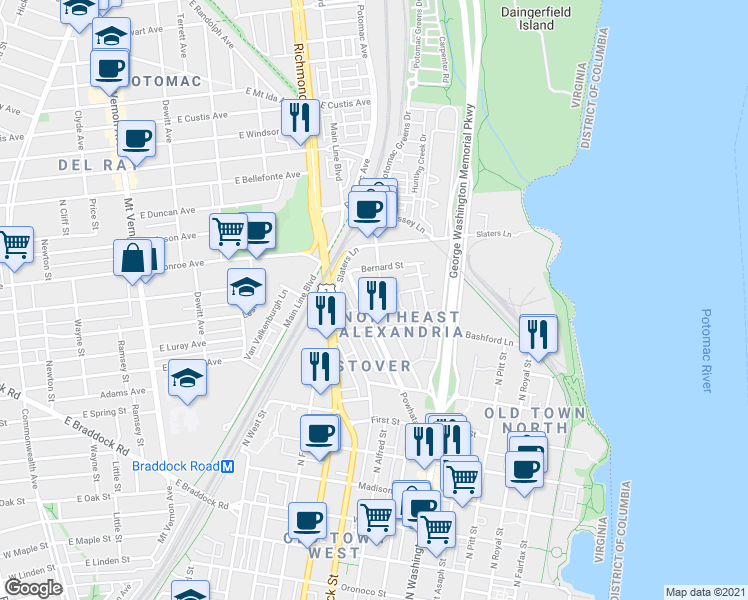 map of restaurants, bars, coffee shops, grocery stores, and more near 1333 Powhatan Street in Alexandria