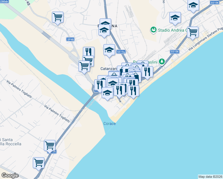 map of restaurants, bars, coffee shops, grocery stores, and more near 2 Via Corace in Catanzaro