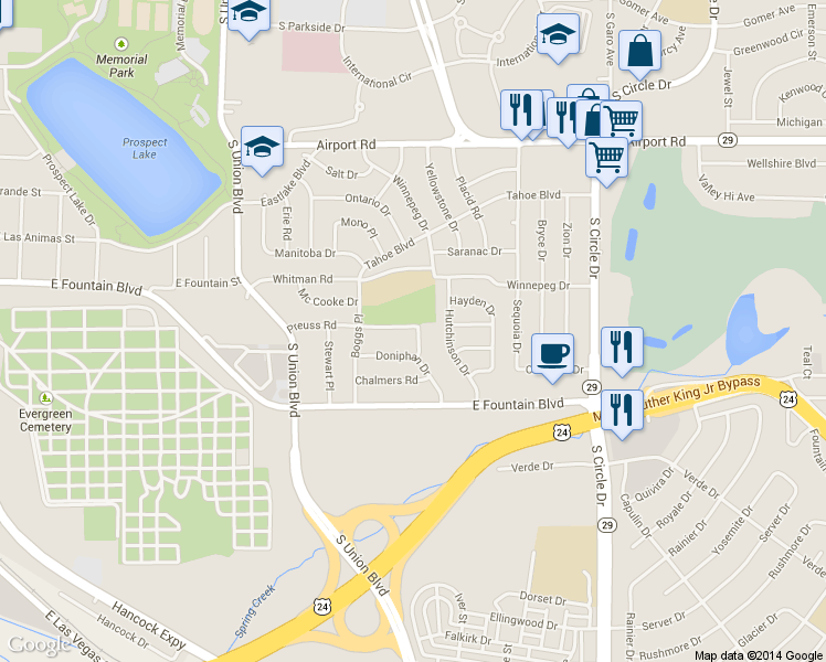 map of restaurants, bars, coffee shops, grocery stores, and more near 851 Boggs Place in Colorado Springs