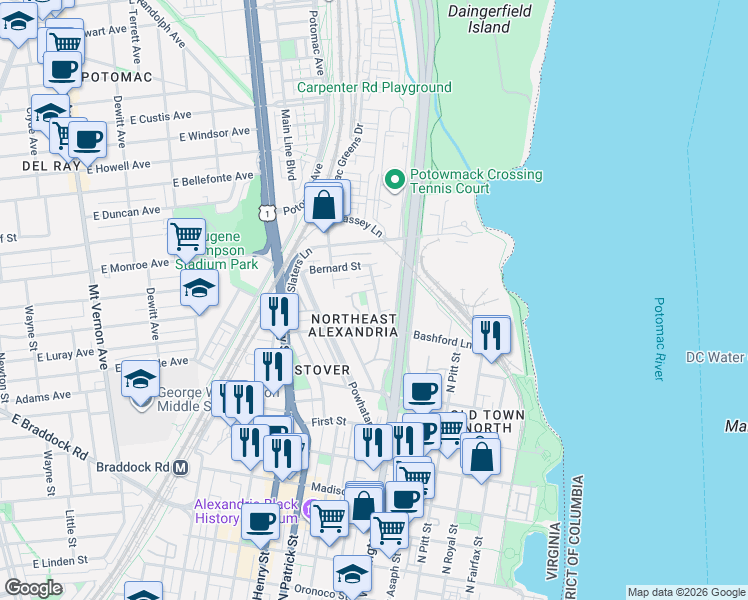 map of restaurants, bars, coffee shops, grocery stores, and more near 813 Chetworth Place in Alexandria