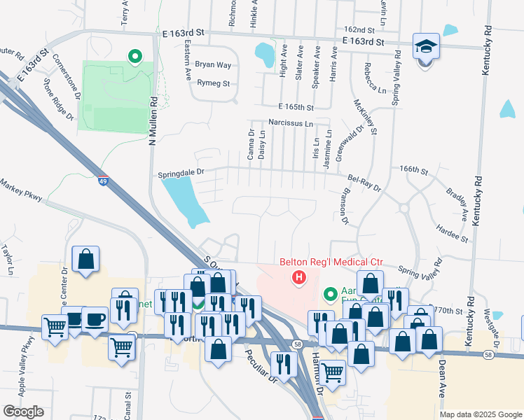 map of restaurants, bars, coffee shops, grocery stores, and more near 1 Evergreen Drive in Belton