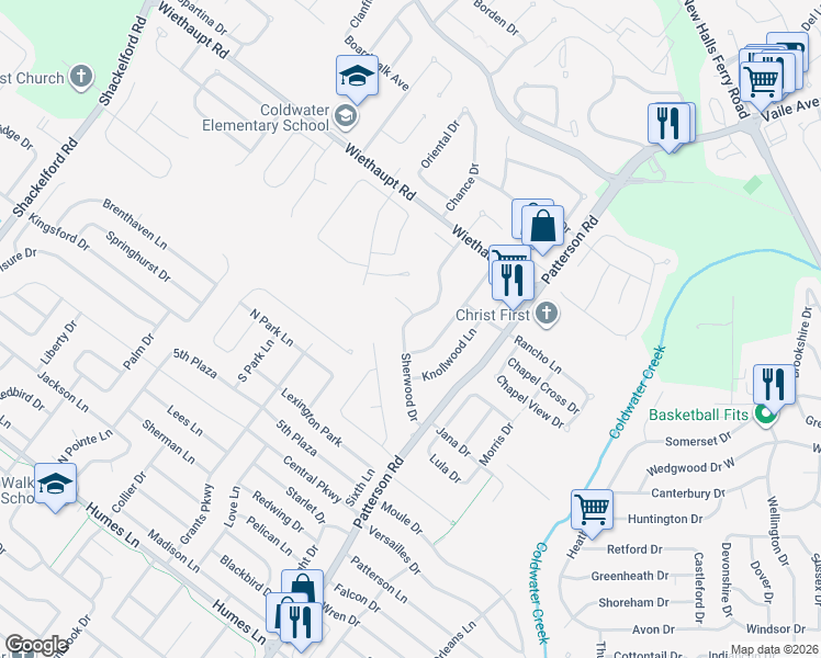map of restaurants, bars, coffee shops, grocery stores, and more near 2720 Sherwood Drive in Florissant