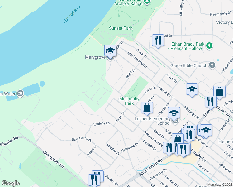 map of restaurants, bars, coffee shops, grocery stores, and more near 1220 Night Drive in Florissant